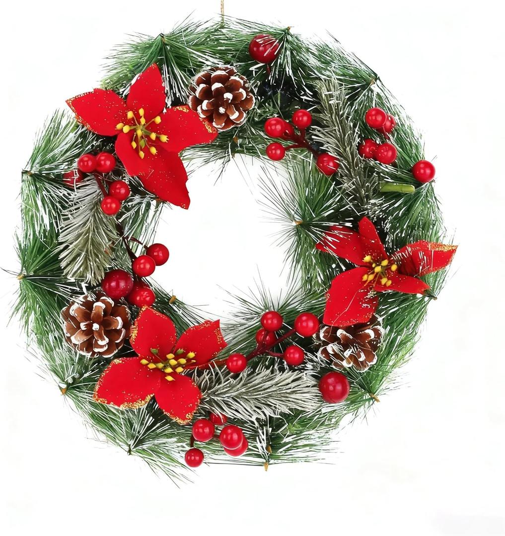 Christmas Wreath 11 Inch, Christmas Front Door Wreath Decorations with Artificial Pine Cone, Red Berry Clusters, Green Frosted Branches, Flowers, for Merry Christmas Party Decor Outdoor
