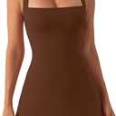 QINSEN Women's Square Neck Bodice Dress Sleeveless Tank Top Stretch Flare Mini Dresses (Medium, Cinnamon)