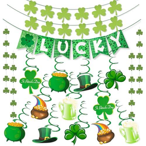 Pre-Assembled St Patricks Day Decorations Shamrock Lucky Banner Garlands Clover Hanging Swirls Irish Decor for Home Saint Patrick Party Supplies
