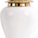 White Ginger Jar With Gold Trim, Ceramic Decorative Vase for Home, Office, Table, Living Room, Bookshelf, Mantle Fireplace, Centerpieces - 15"