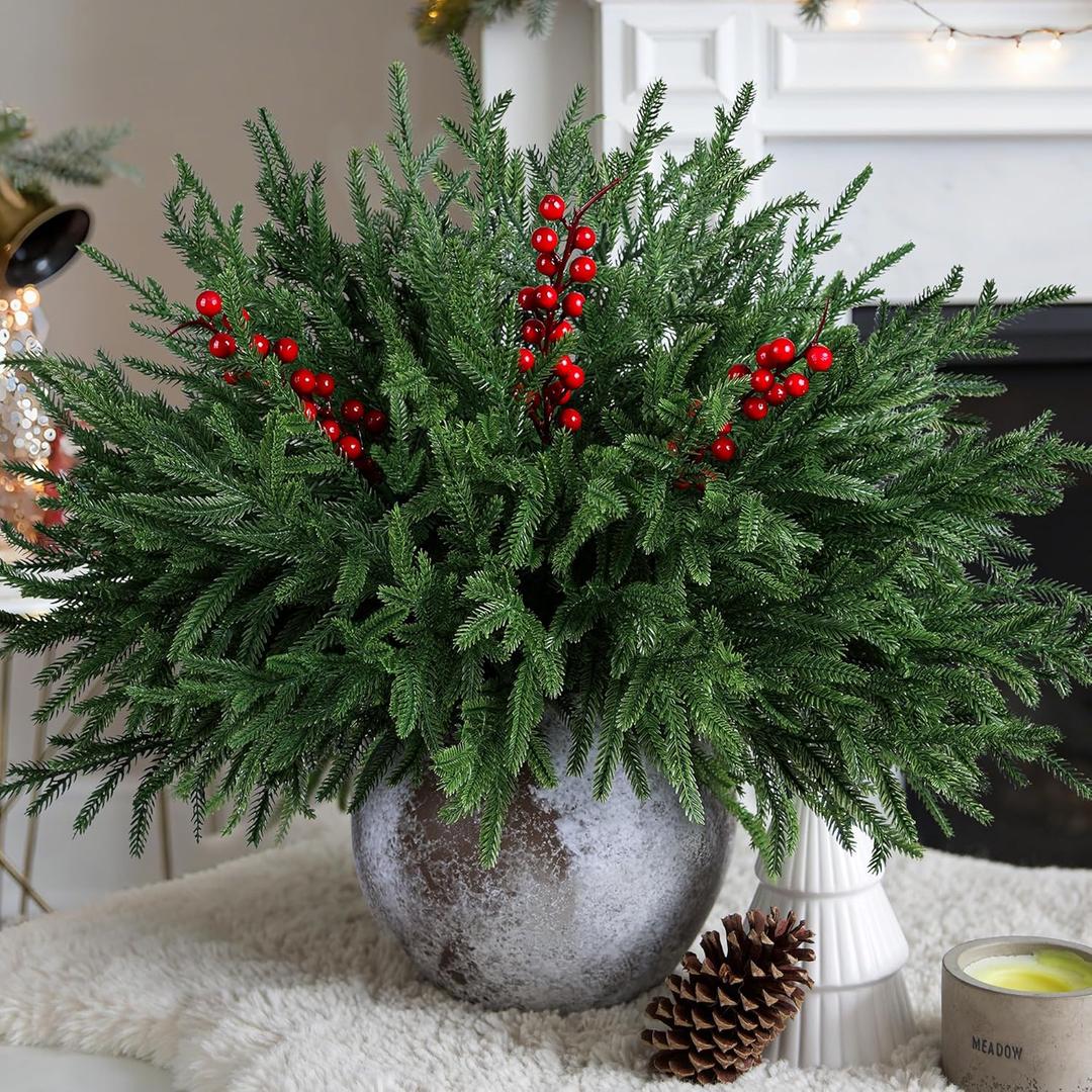 Artificial Faux Christmas Norfolk Pine Stems Branches for Vases,12 Bundles Fake Evergreen Real Touch Greenery Stem with 3 PCS Red Berry Branches for Xmas Holiday Winter Table Indoor Decor