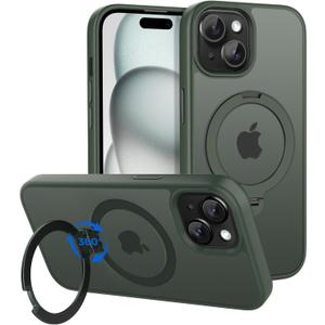 CACOE Magnetic Case for iPhone 15 6.1 inch with 360 Rotatable Ring Stand, Compatible with MagSafe Car Phone Mount, iPhone 15 Cases Cover Phone Holder for Desk Meeting/Videos Dark Green