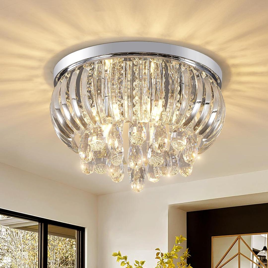 Modern Crystal Chandelier 15.7 Inch,5-Lights Chrome Crystal Flush Mount LED K9 Chandeliers Light Fixture for Bedroom Dining Living Room Hallway E12