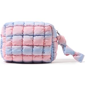 Yarnic Quilted Makeup Bag Cosmetic Bag, Travel Toiletry Bag for Women, Cute Makeup Bag Organizer Puffer Makeup Pouch (Blue Pink, S) (Cotton Candy)