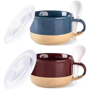 GBhome Ceramic Soup Mugs with Handles and Lids,24 OZ Soup Cups Set of 2 with Terracotta Underside,Mug Bowls with Spoon for Soup/Cereal/Salad/Noodles/Ramen/Microware &Dishwasher Safe-Blue&Red