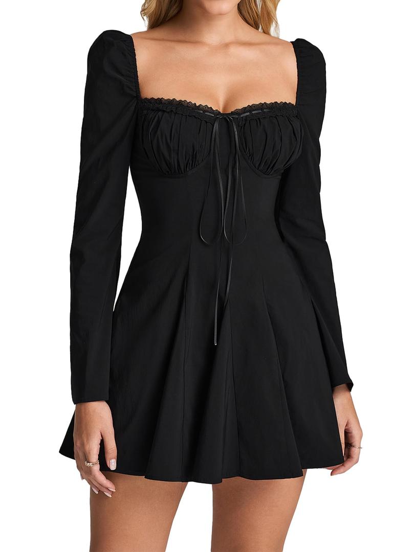 EYNMIN Long Sleeve Mini Dress Lace Sweetheart Neckline Flowy A Line Short Going Out Dresses for Women Black (Black, M)