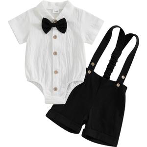 GOOCHEER Newborn Baby Boy Gentleman Outfit Suit Short Sleeve Bowtie Romper Shirt Suspender Shorts Summer Dress Clothes Set 9-12M