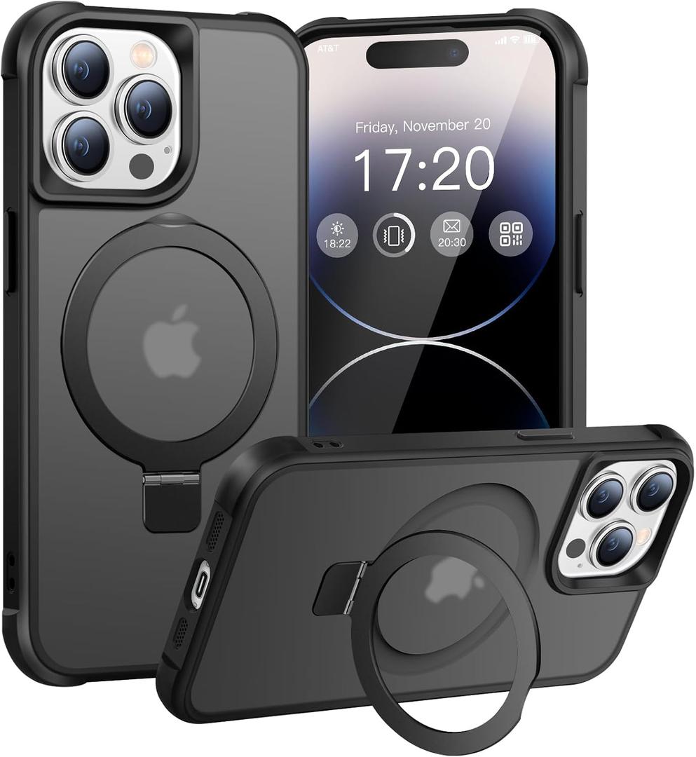 Magnetic Ring Stand Case for iPhone 14 Pro Max - 120 rotatable Stand, N52 Magnet, Non-Slip, Matt Transparent Back, Easy to Clean, Shockproof, Military Standard Drop Protection (Black)