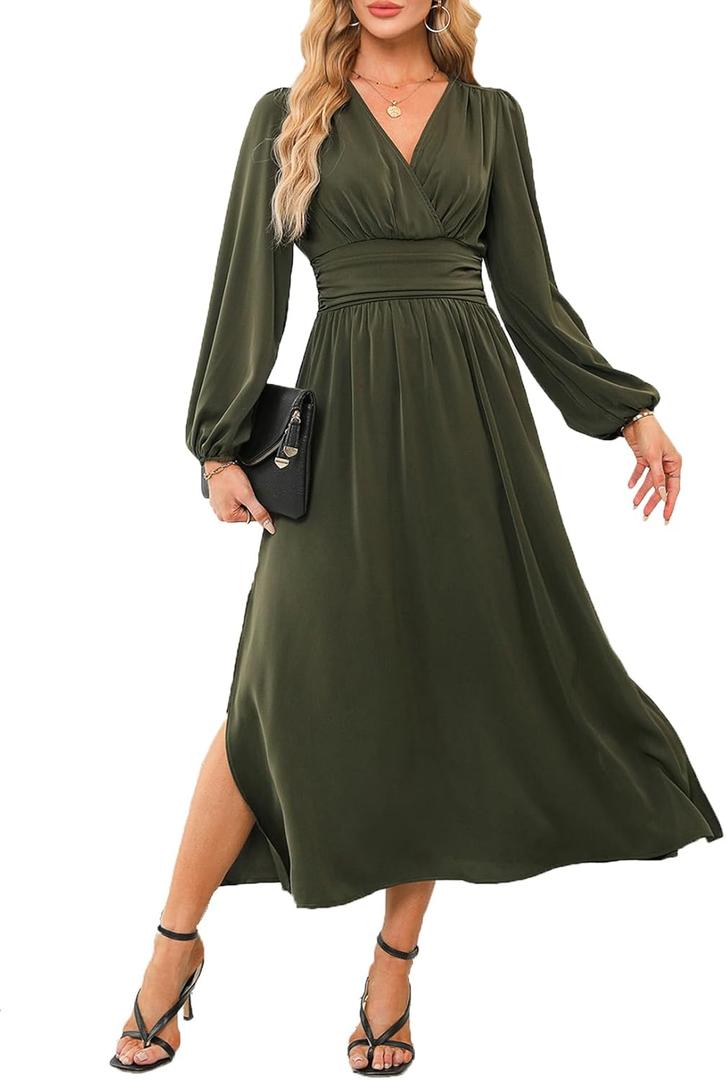 Dokotoo Wedding Guest Dresses for Women 2024 Wrap V-Neck Long Sleeve Empire Waist Dress Side Slit Ruched Party Club Prom Cocktail Maxi Dress Green X-Large