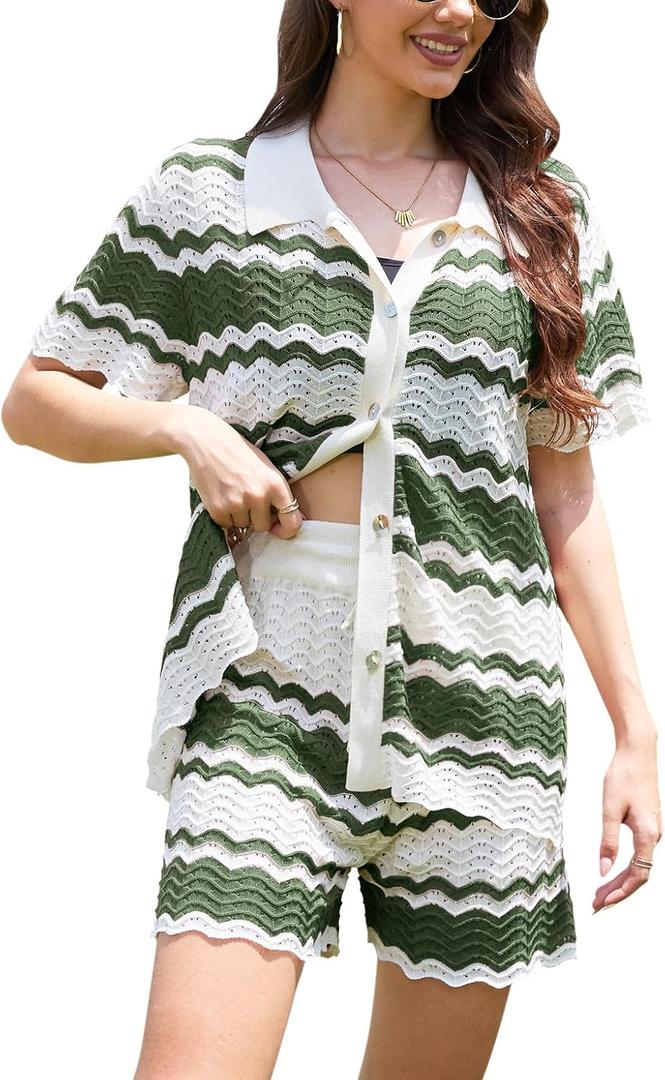 Moreone 2 Piece Lounge Set Women Short Sleeve Striped Crochet Knit Sets Two Piece Button Up Pajamas with Drawstring Shorts (Green, S)