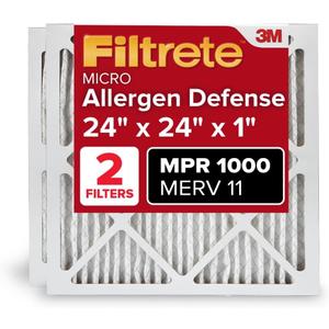 Filtrete 24x24x1 AC Furnace Air Filter, MERV 11, MPR 1000, Micro Allergen Defense, 3-Month Pleated 1-Inch Electrostatic Air Cleaning Filter, 2 Pack (Actual Size 23.81 x 23.81 x 0.81 in)