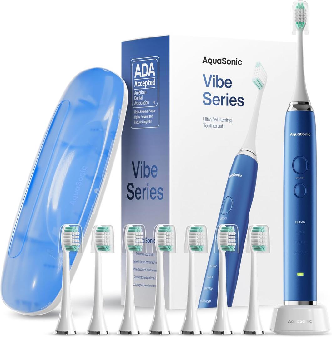 Aquasonic Vibe Series Ultra-Whitening Toothbrush  ADA Accepted Electric Toothbrush - 8 Brush Heads & Travel Case  40,000 VPM Motor & Wireless Charging - 4 Modes w Smart Timer  Sapphire Blue