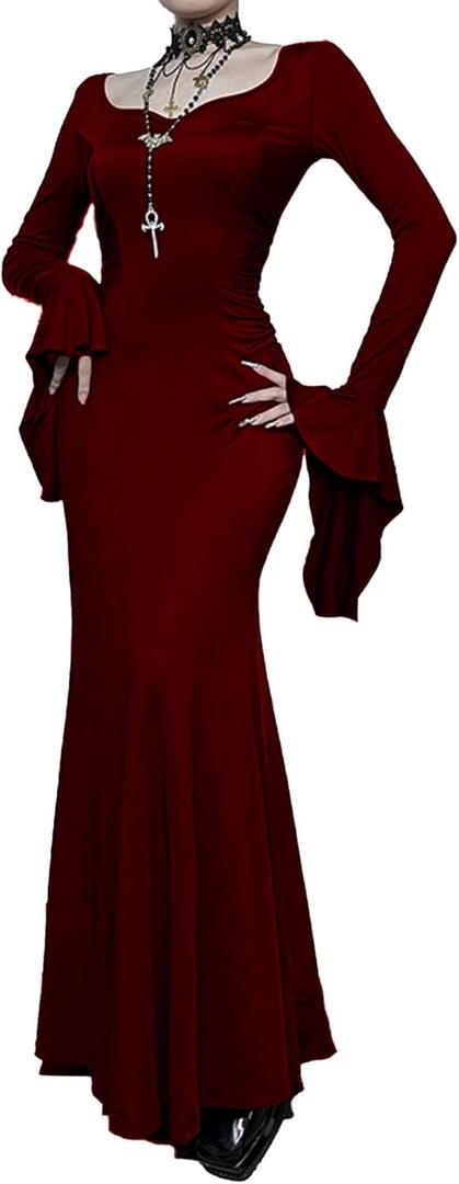 TSMNZMU Gothic Maxi Dresses for Women Dark Style Slim Long Dresses Long Flare Sleeve V-Neck Vintage Evening Dress (Small, Wine Red)