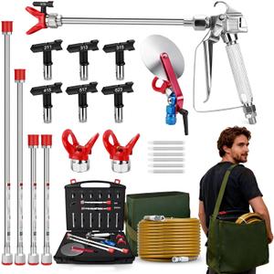 24Pcs Airless Paint Sprayer Gun Kit, 3600PSI Airless Spray Gun with 50Ft High Pressure Hose, 6Pcs Spray Tips, 4Pcs Extension Rods, 6Pcs Filters, Guide Tool & Tip Guard & Storage Case
