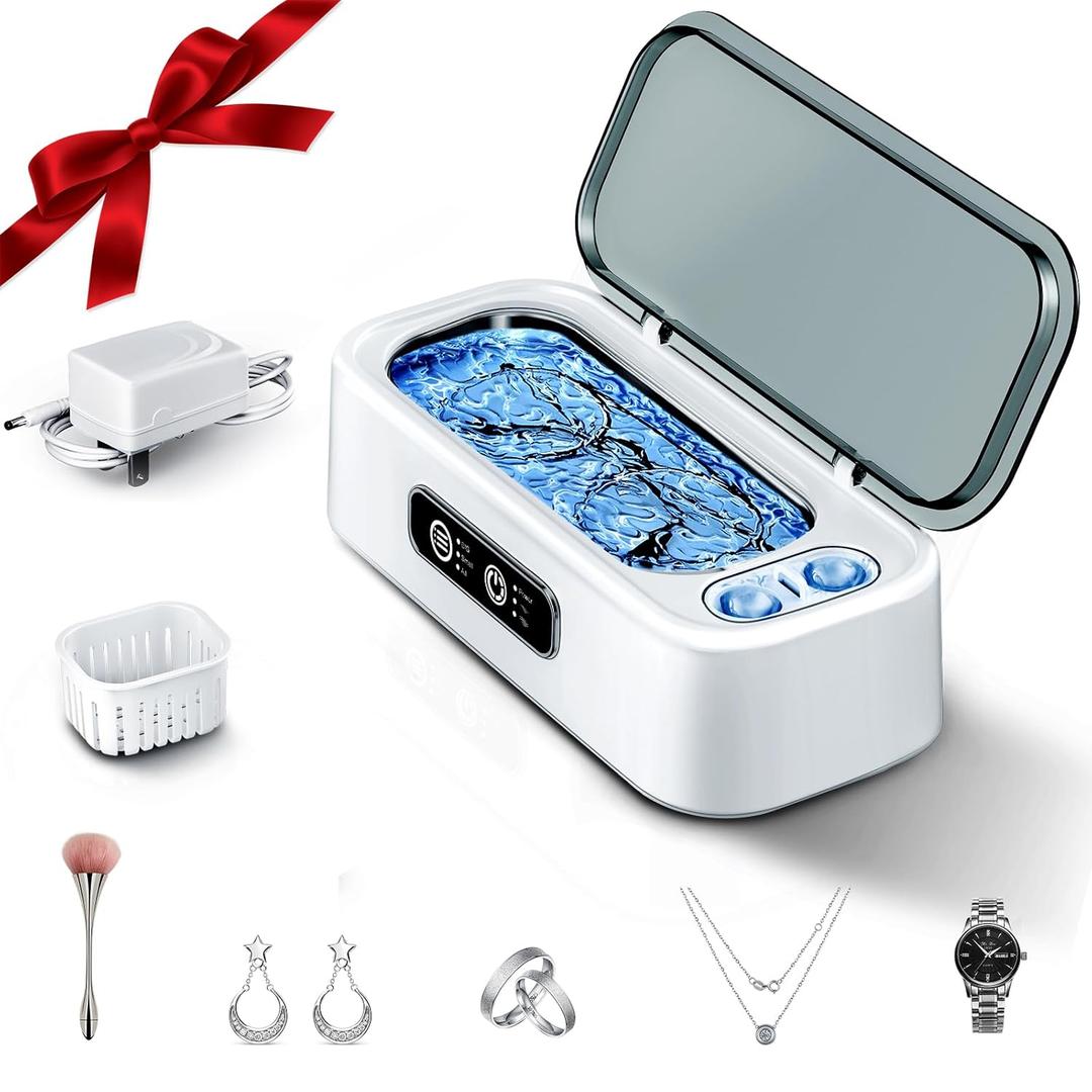 SUNPOW Ultrasonic Jewelry Cleaner Machine Dual Chambers for Contact Lenses & Jewelry, 45kHz Sonic Cleaner for Silver & Gold, Rings, Earrings, Glasses, Watches, Necklaces  Quiet 45dB, Deep Cleaning (White)