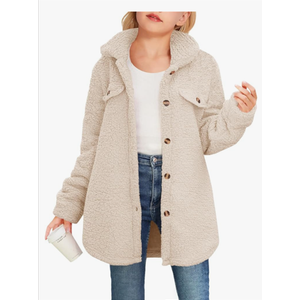 Haloumoning Girls Fuzzy Fleece Jacket Casual Button Down Sherpa Overcoat Faux Fur Jackets Outwear 150