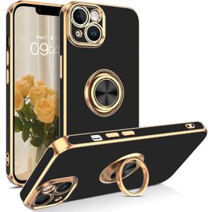 VENINGO iPhone 14 Case,Phone Case for iPhone 14,Slim Fit Soft 360 Ring Holder Kickstand Magnetic Car Mount Supported Easy Clean Shockproof Protective Cover for iPhone 14 6.1" 2022, Black/Golden