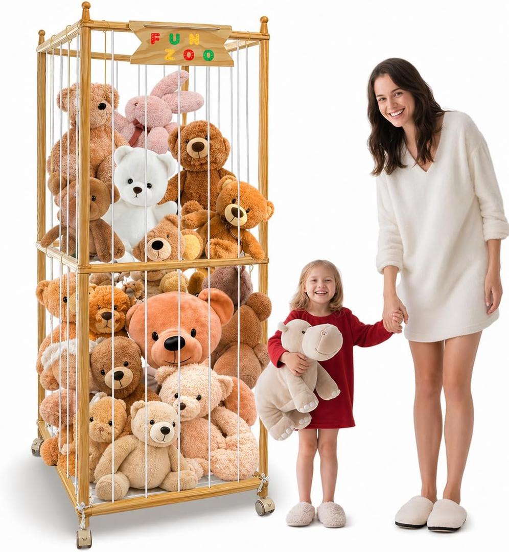 Large Stuffed Animal Storage, 550L Wood Plush Toy Storage With Wheels, Kids Plushies Storage With Thicker Elastic Band, Stuffed Animal Organizer For Playroom, Bedroom, Nursery(22.5in*22.5in*66.4in)