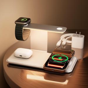 GUSGU 3 in 1 Charging Station for MagSafe Wireless Charger with Three-Level Night Light, 15W Max Fast Charging for iPhone 17/16/15/14/13/, Apple Watch Series 2-11/SE 3/ Ultra 3, AirPods Pro 3-Gray (IOS, White)