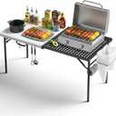 5FT Folding Table Portable Picnic Table with Metal Grid Grilling Surface, Foldable Camping Table Food Prep Station for BBQ, Patio & Beach