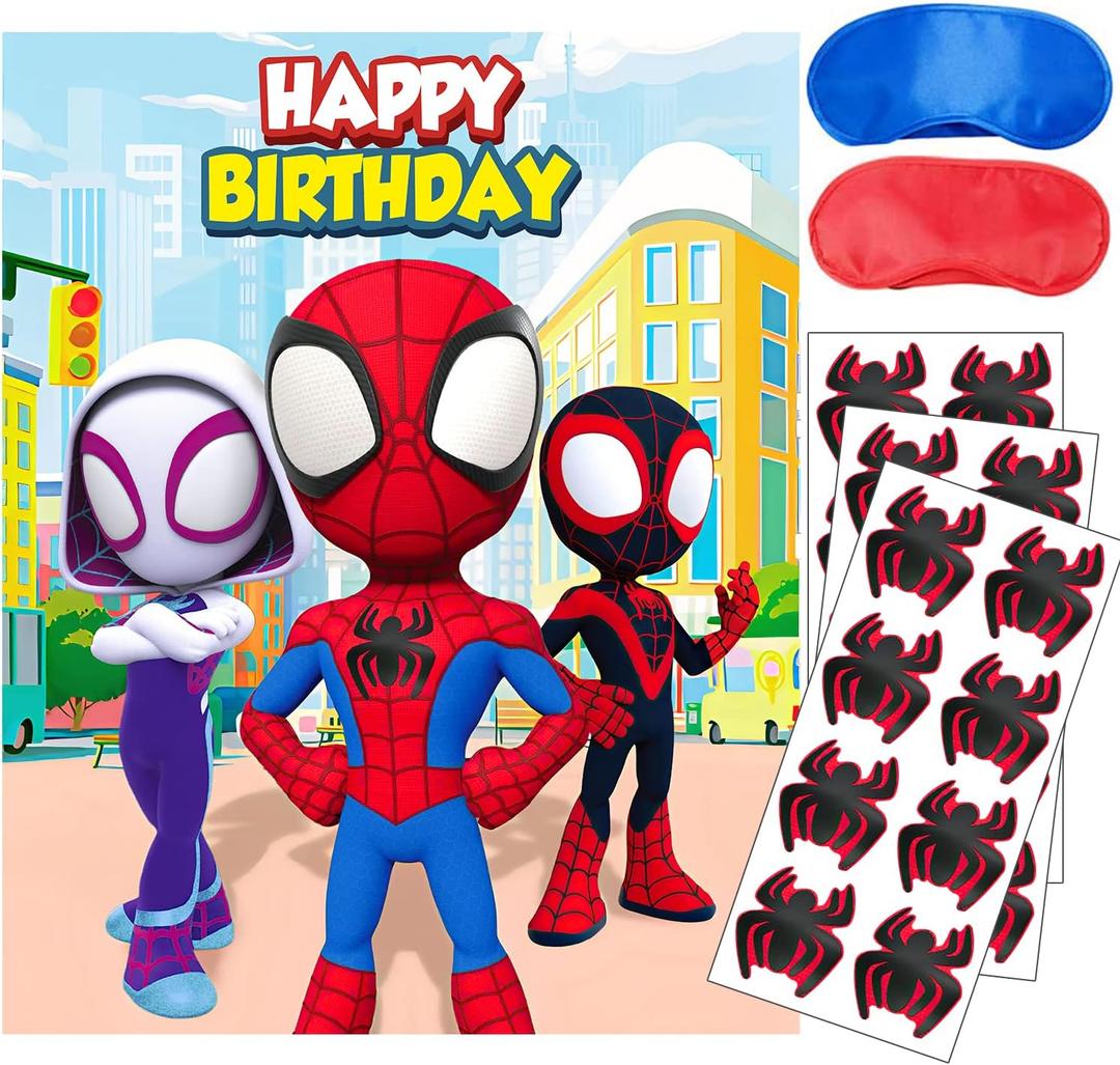Spidey Birthday Decorations, Spidey Party Games for Boys Girls, Large Poster 24PCS Stickers for Spidey Birthday Party Supplies