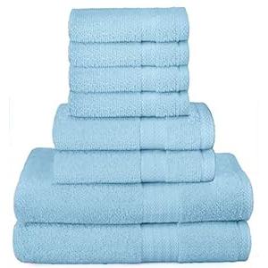 GLAMBURG Ultra Soft 8-Piece Towel Set - 100% Pure Cotton, Sky Blue