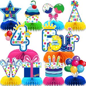 2 x 10 Pieces Happy Birthday Decorations Set,3D Table Toppers Double Sided Stand Cards for Party Supplies,Colorful Birthday Themed Honeycomb Centerpiece. (4 year old)