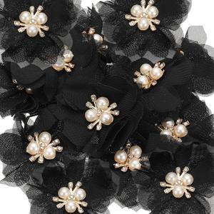 PATIKIL 2.36 Inch Rhinestone Pearl Chiffon Flower, 15 Pcs Sewing Fabric Appliques for DIY Craft Clothing Headbands Wedding Party Decoration, Black