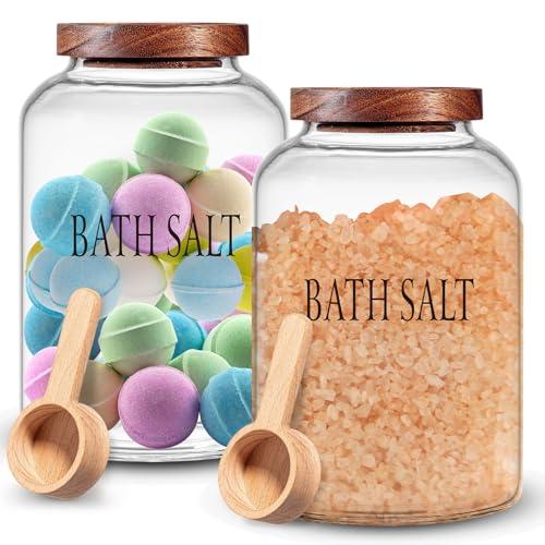 SiliFine 2 Sets 74 oz Large Bath Salt Container with Wooden Scoop for Glass Bath Salt Jar with Airtight Lid Storage Canister for Food, Flour, Sugar, Cookie, Kitchen