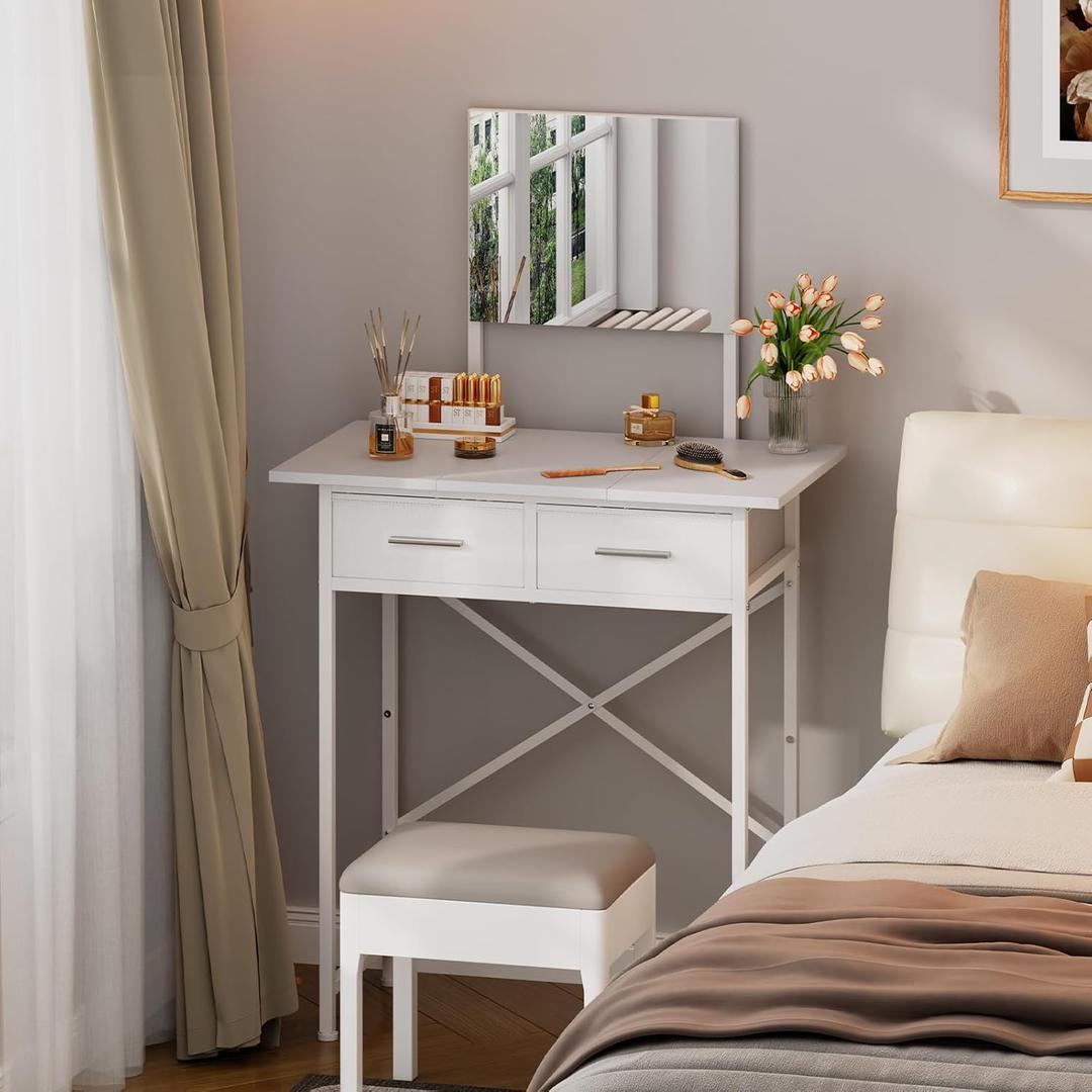 Jakyitvi Small Vanity Desk with Mirror and Drawers, White Makeup Vanity Table with Storage, Compact Vanity for Bedroom, Modern Makeup Desk for Girls, Space-Saving Vanity Table