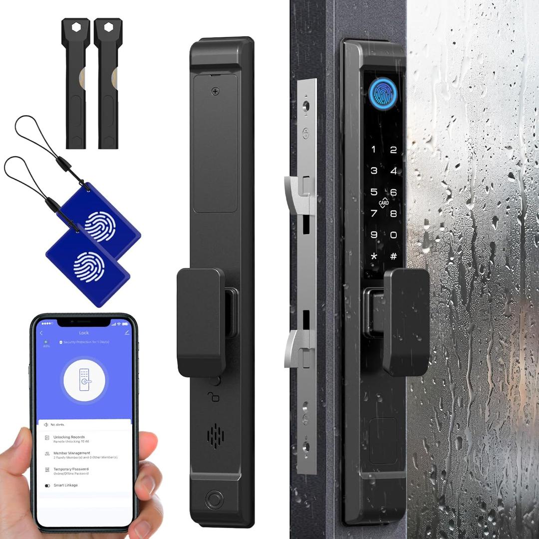 Sliding Glass Door Lock, Eseesmart Sliding Door Smart Lock with Fingerprint Code Keypad RFID Card Bluetooth App Key, Electronic Digital Biometric Keyless Entry Patio Door Lock with Handle