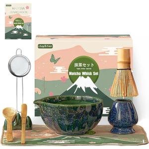 Clay&Fire Matcha Whisk Set9 Pcs Ceramic Matcha Set, 15 OZ Matcha Bowl with Spout and Whisk for Friend, Ideal Gift for Matcha LoverStarry