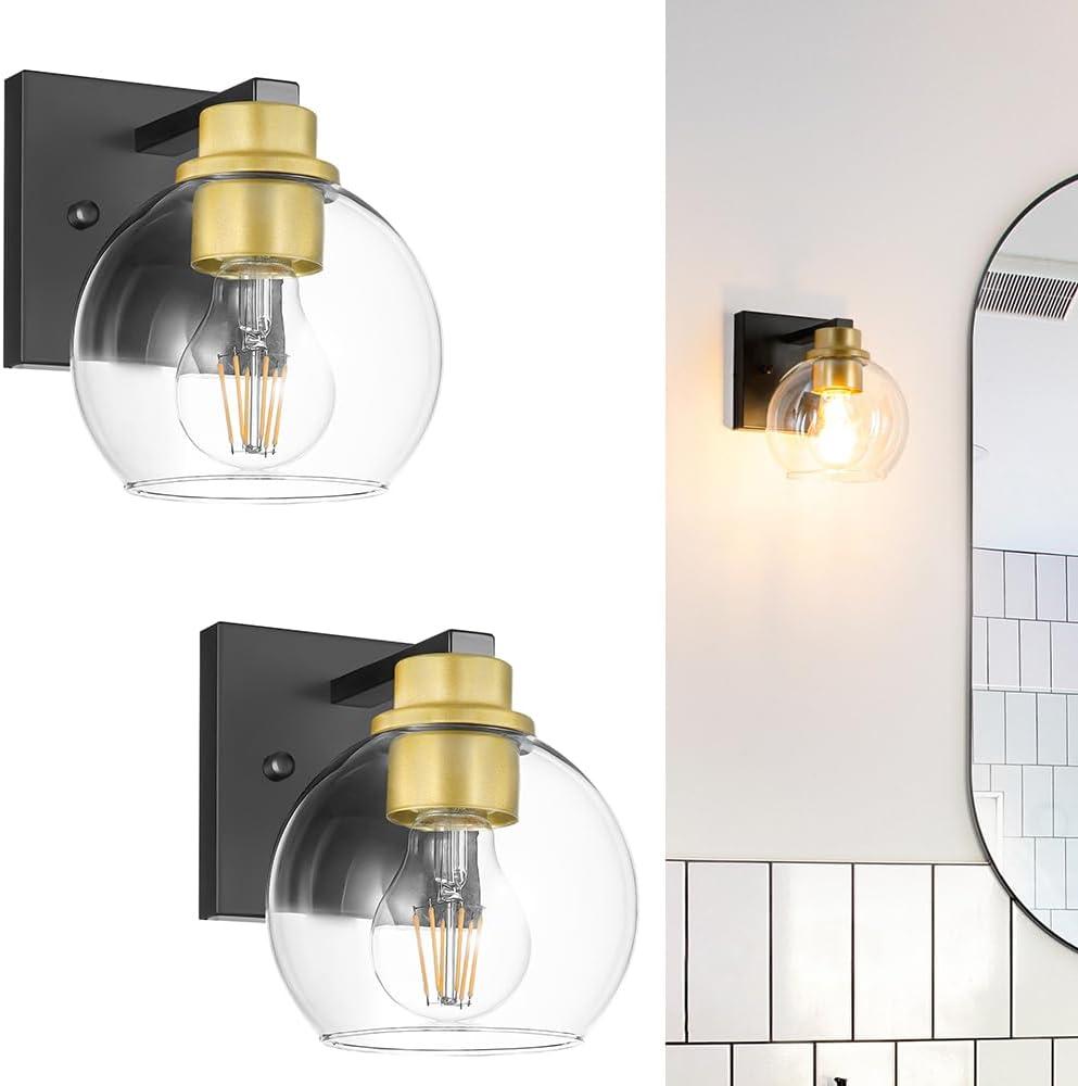 Hardwired Black and Gold Wall Sconce Set of 2, No Battery/Rechargeable! Modern Bathroom Sconce Wall Lighting with Clear Glass, Wall Light for Bedroom, Mirror, Living Room, Hallway