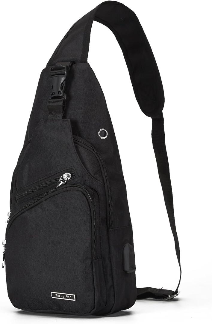 Seoky Rop Men Women Sling Backpack Anti Theft Crossbody Shoulder Chest Bag with USB Charging Port (Black)