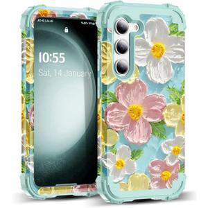 for Galaxy S23 Plus Case,3 in 1 Oil Painting Flower Pattern Heavy Duty Shockproof Protection Silicone Rubber Bumper+Hard Plastic Protective Cover for Samsung S23 Plus 6.6",Green Flower (Samsung Galaxy S23 Plus)