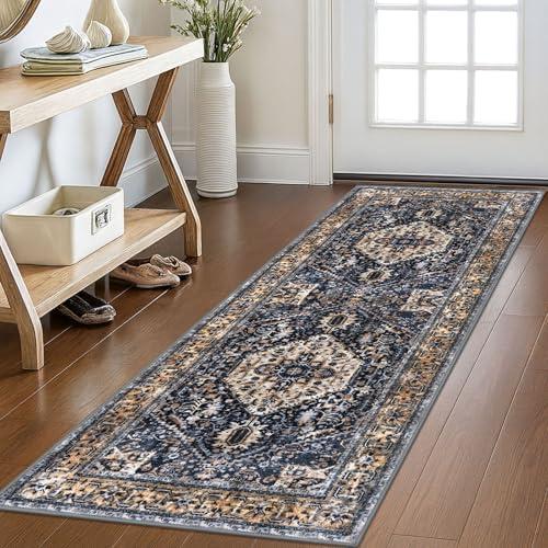 KOZYFLY Runners for Hallways 2x6 Ft Washable Kitchen Runner Rug Boho Runner Rug for Entryway Indoor Gold/Orange/Navy Printed Oriental Faux Wool Floor Carpet Runner for Bedroom