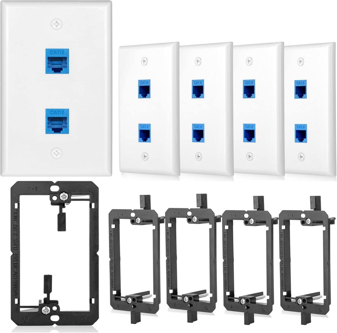 5 Pack Ethernet Wall Plate 2 Port Cat6 Outlet Jack RJ45 Keystone Coupler Female to Female 2Port with Low Voltage Mounting Bracket Network Cables Inline Wires Connector Double Blue