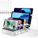 Charging Station for Multiple Devices, 6-Port USB Fast Charger with 6 Mixed Cables, Multi-Device Charging Dock for iPhone, iPad, Android Phones, Tablets, Kindle (Silver, Desktop & Wall Mount)