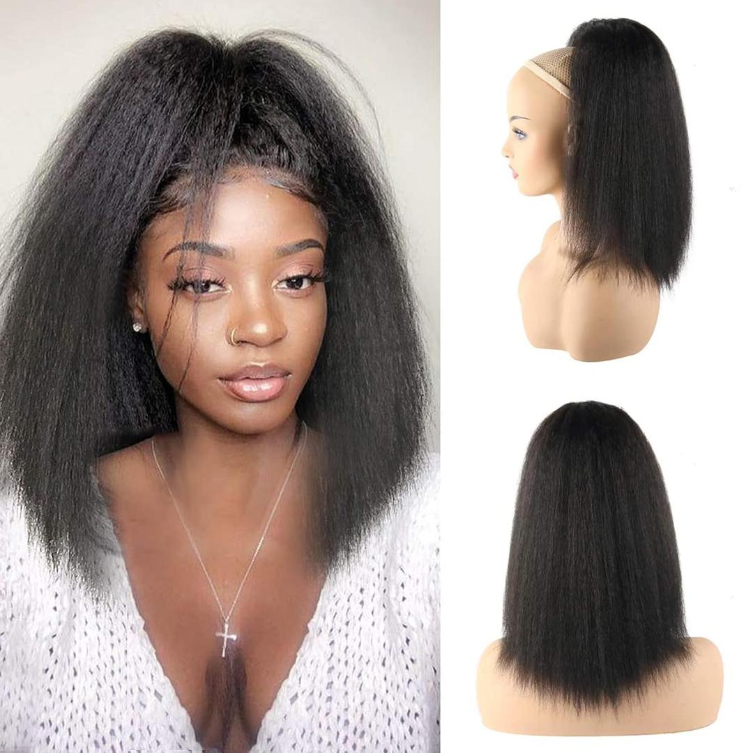 LEOSA Ponytail Extension 14 inch Drawstring Ponytails for Black Women Short Natural Black Yaki Straight Drawstring Ponytail Hair Extensions (14 Inch (Pack of 1), 1B#)