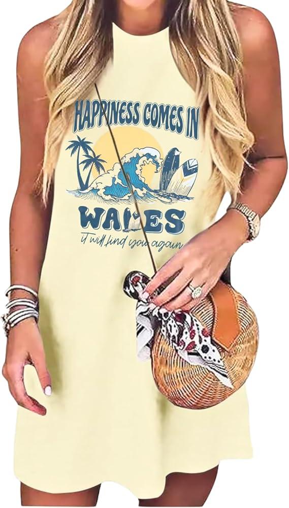 Summer Graphic Tank Dress for Women Sun Salt Sand Coconut Tree Mini Dress Shirts Hawaiian Sleeveless Swim Cover up, Medium 