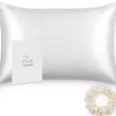 ALASKA BEAR Silk Pillowcase for Hair and Skin, 100% Mulberry Silk Pillow Cases Standard Size for Bliss Sleep with Random Color Scrunchy Gift Set Better Than Poly Satin, Zipper Closure, 1pc, Cool White (Standard 20''x26'')