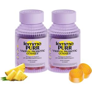 Lemme Purr Vaginal Probiotic Gummies for Women - Balanced pH, Healthy Odor, Yeast Balance & Flora Support + Vitamin C for Immune Health - Tasty Pineapple (60 Count) (Pack of 2)