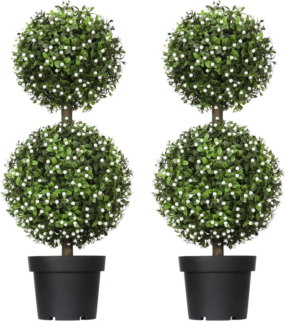 24in Artificial Boxwood Topiary Tree 2 Pack, Artificial Boxwood Double Ball Topiary Trees, UV Resistance Rated Faux Topiaries Tree, Fake Greenery Plants Ball Tree for Porch,Home,Garden (Osmanthus Leaves-2pcs)