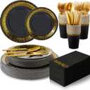meekoo 350 Pcs Black Plastic Dinnerware Set Disposable Paper Plates for 50 Guests 9in and 7in Dinner Dessert Plates Napkins Gold Rimmed Cups Knives Forks Spoons for Party Wedding(Round Floral)