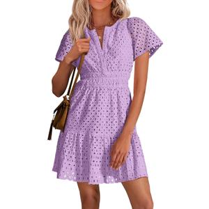 PRETTYGARDEN Womens 2026 Summer Short Dress V Neck Short Sleeve A Line Hollow Out Lace Cute Casual Beach Party Spring Dresses (Purple, S)