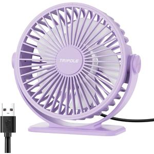 TriPole Desk Fan USB Powered Small Portable Fan, 3 Speeds Adjustable Strong Breeze Mini Personal Fan, 360° Rotation Quiet Plug In USB Fan for Desktop Bedroom Office Table Travel, Purple, 4.9ft Cable