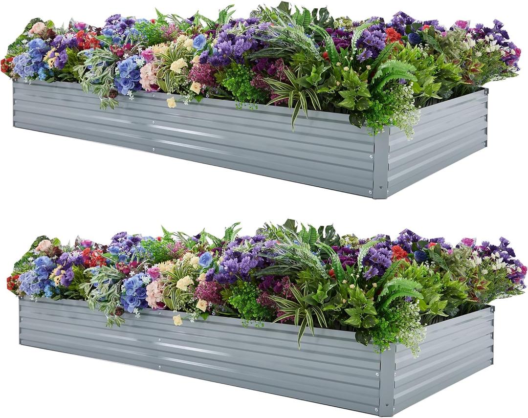 8x4x1ft (Pack of 2) Galvanized Raised Garden Bed, Outdoor Planter Box Metal Patio Kit Planting Bed for Vegetables Flowers Herb, Grey 