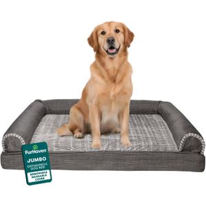 Furhaven Orthopedic Dog Bed for Large Dogs w/ Removable Bolsters & Washable Cover, For Dogs Up to 95 lbs - Luxe Faux Fur & Performance Linen Sofa - Charcoal, Jumbo/XL