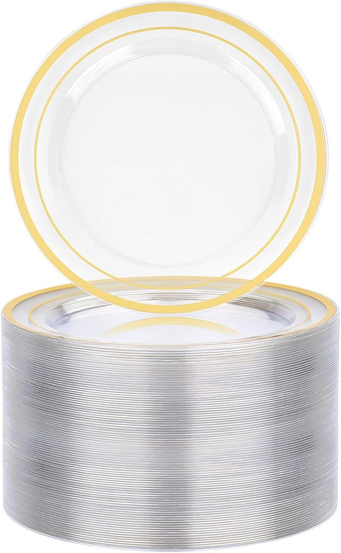 BESTVIP 100PCS 7 Inch Clear Plastic Dessert Plates, Small Disposable Salad Plate with Gold Rim, Heavy Duty Plastic Small Cakes Plates for Party, Wedding and Birthday, Events