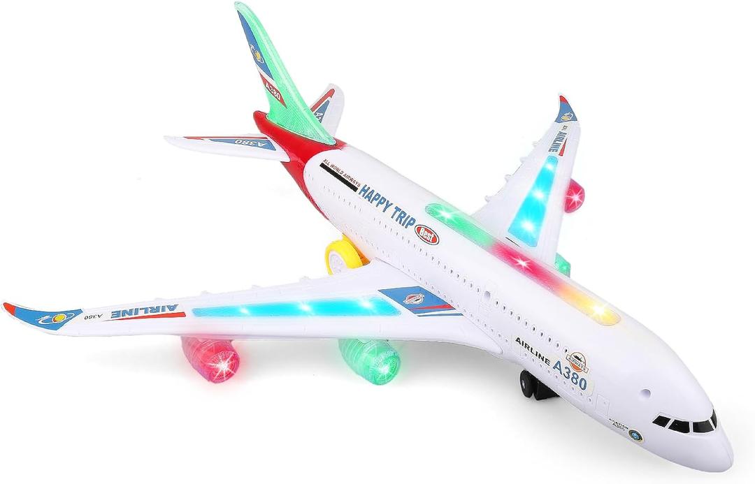 Bump and Go Airplane Toy with 4D Lights & Sounds, Realistic Moving Plane with Automatic Direction Change, Interactive Aircraft Toy for Boys & Girls Ages 312, (Red)